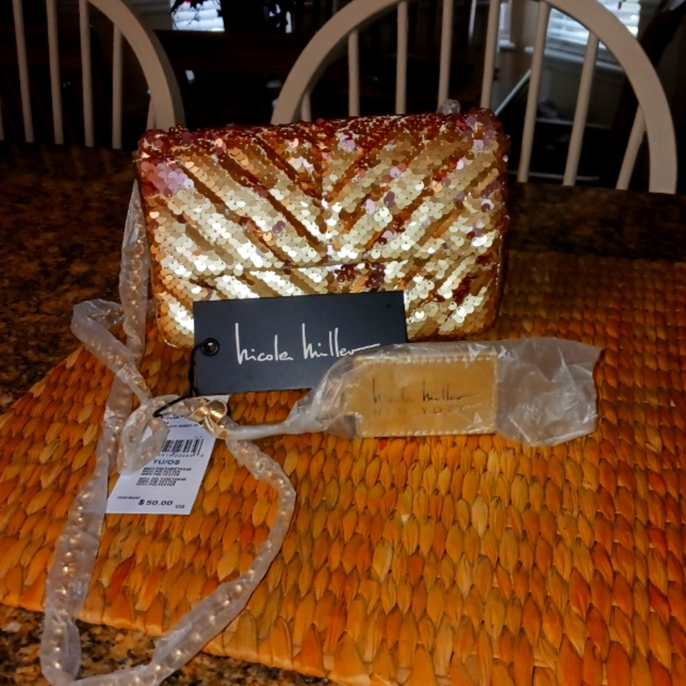 Nicole Miller NWT  Gold and Pink Sequin Crossbody Bag